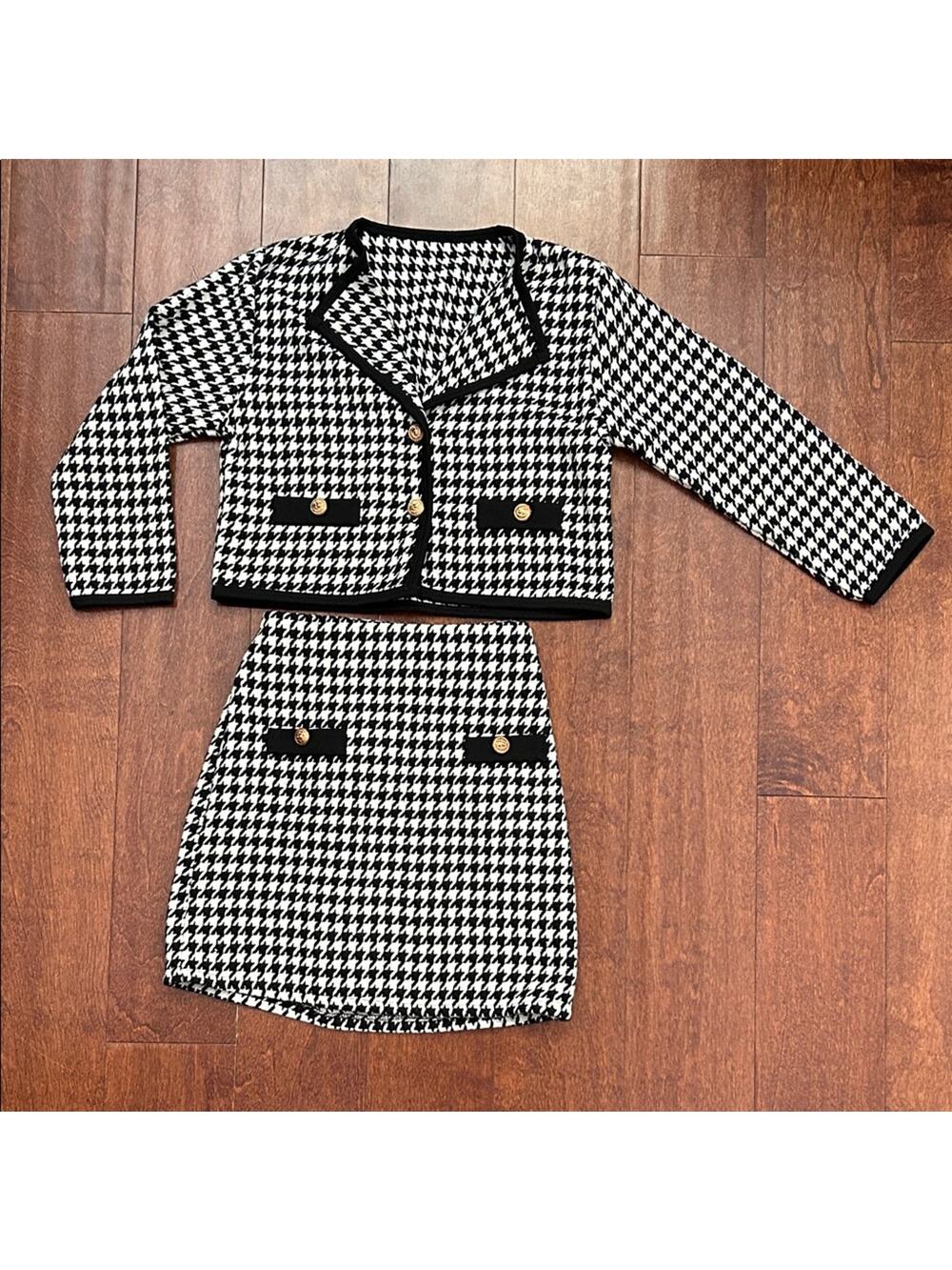 SHEIN Black and White Houndstooth Pattern 2 Piece Set, Skirt and Jacket, Size 7